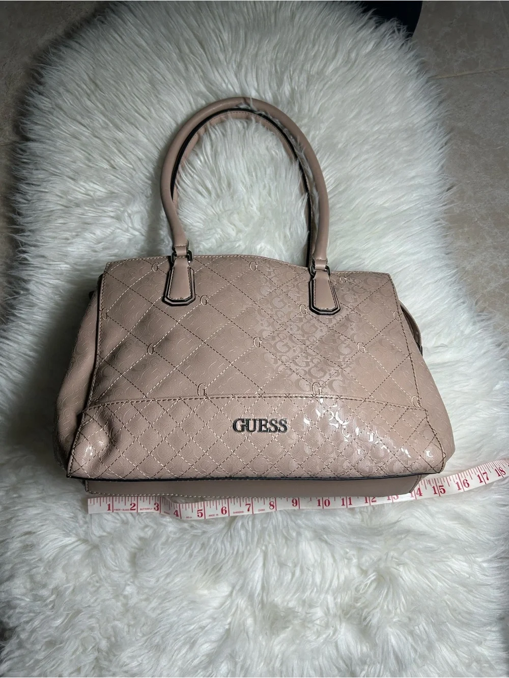 GUESS Quilted Patent Satchel in Blush Pink
